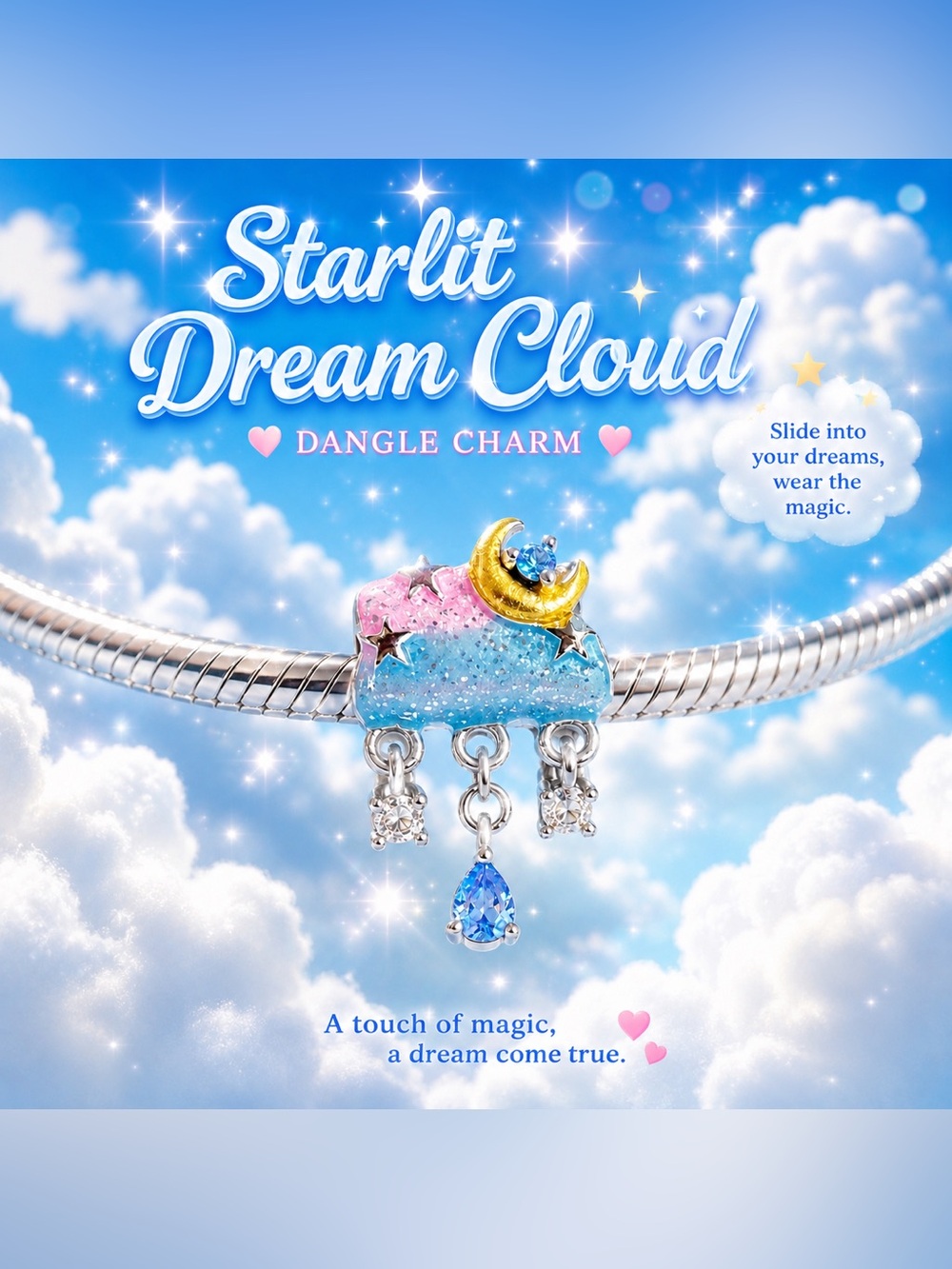 Sterling Silver Starlit Dream Cloud Dangle Charm on card